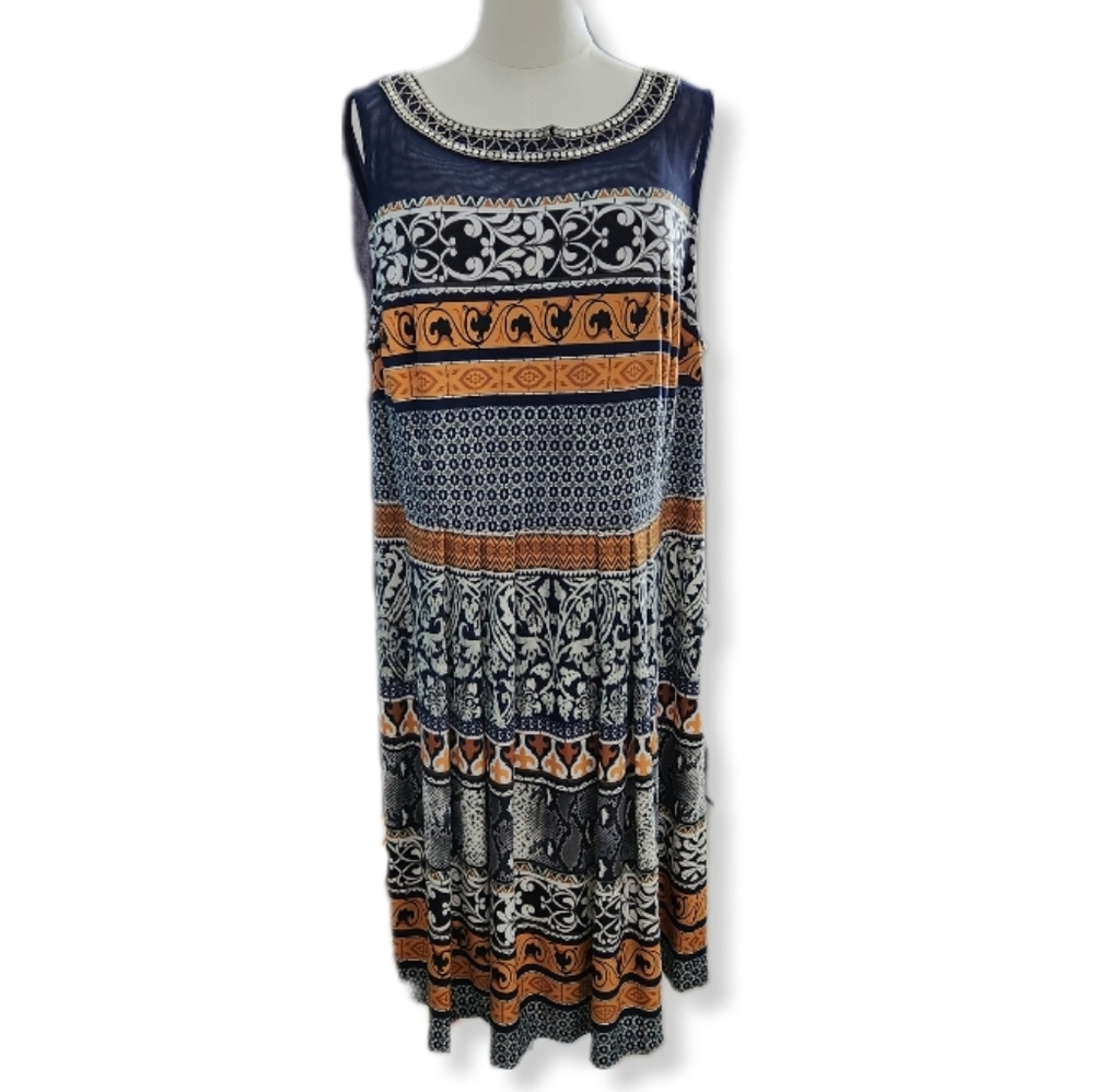 Sandra Darren Elegant Multicolor Sleeveless Dress Beaded & Sheer Detail 18W